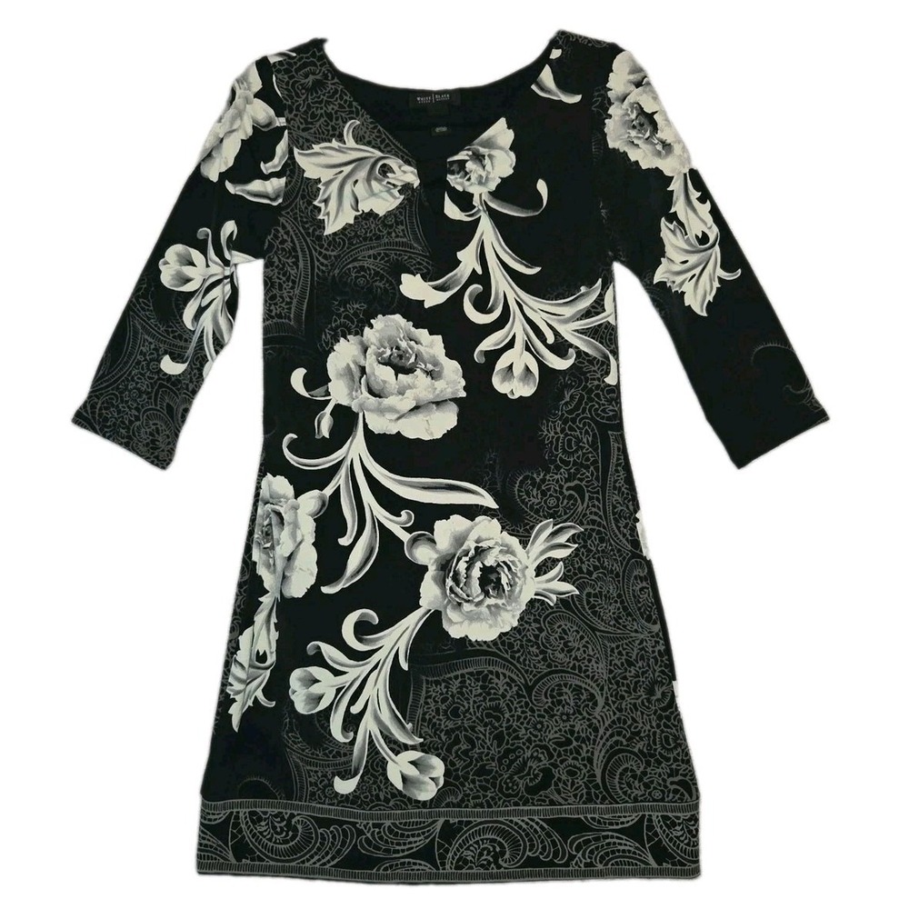 White House Black Market Black Floral Shift Dress Women's Small Keyhole Bow Neck